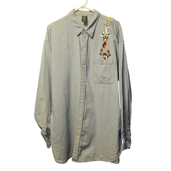 Vintage Warner Brothers Denim Character Button Up Shirt - Picture 1 of 6
